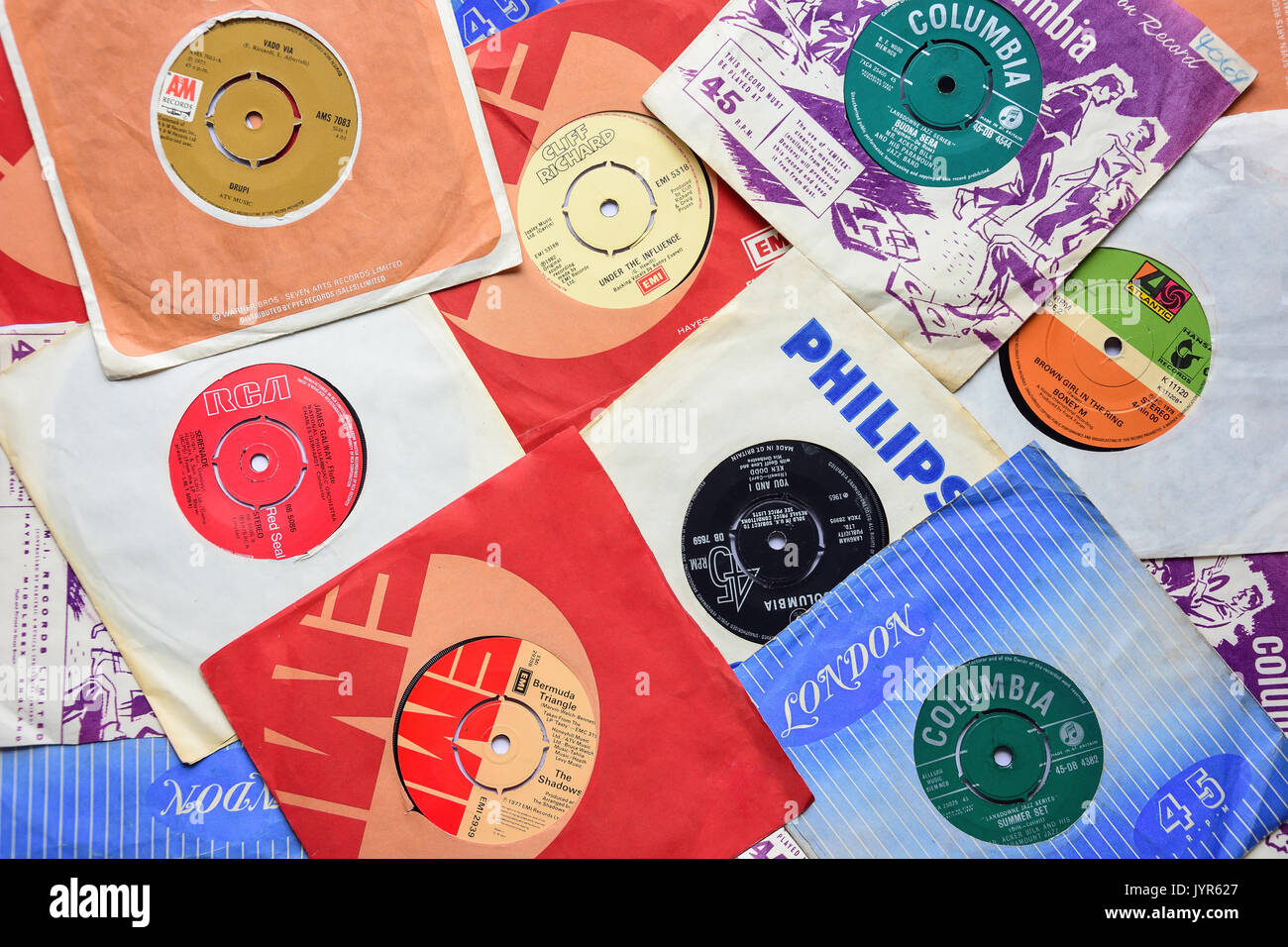 Still-life selection of vinyl 45 rpm records, Ashford, Surrey, England, United Kingdom Stock Photo
