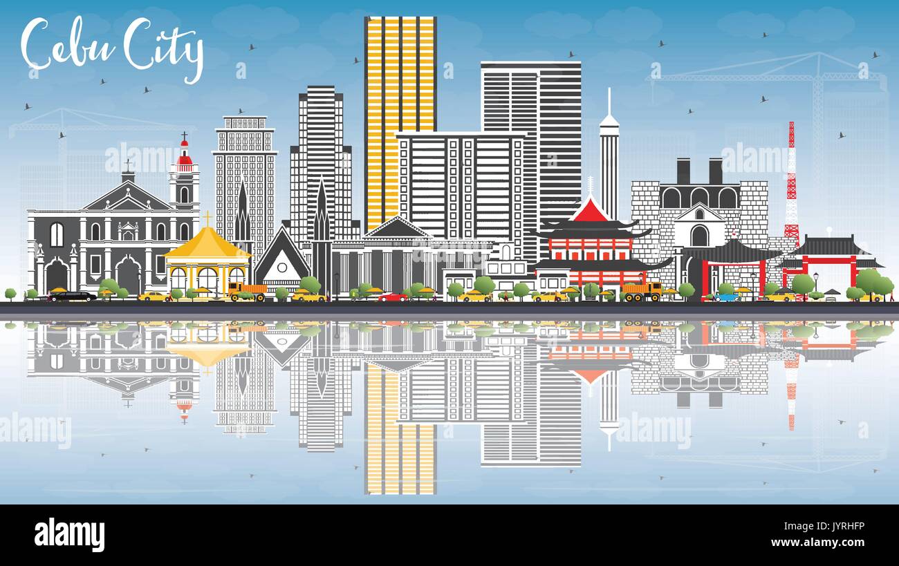 Cebu City Philippines Skyline with Gray Buildings, Blue Sky and Reflections. Vector Illustration. Business Travel and Tourism Illustration Stock Vector