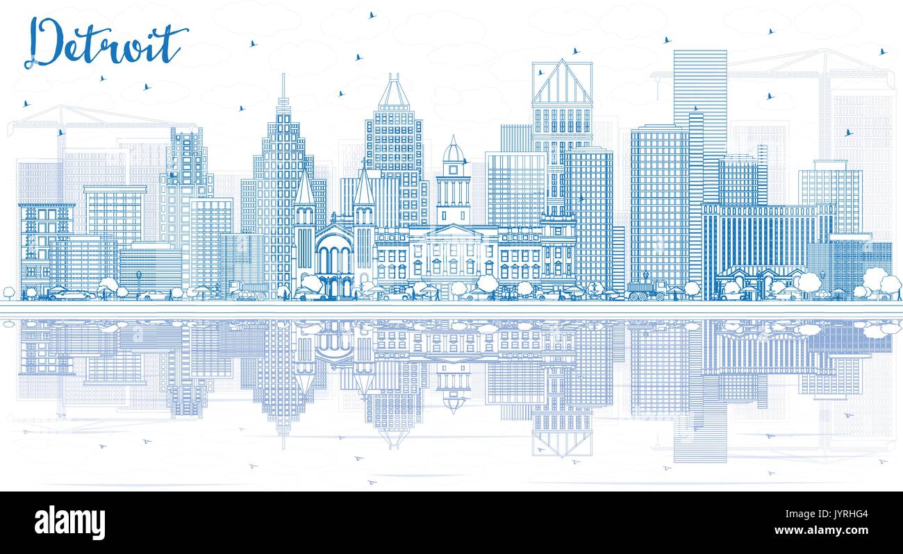 Outline Detroit Skyline with Blue Buildings and Reflections. Vector Illustration. Business Travel and Tourism Concept with Modern Architecture. Stock Vector