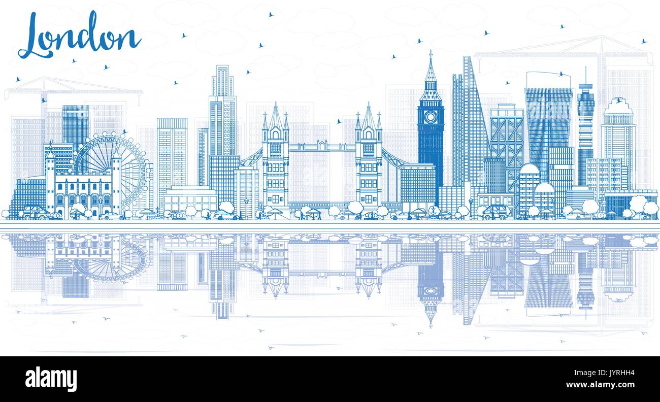 Outline London Skyline with Blue Buildings and Reflections. Vector ...