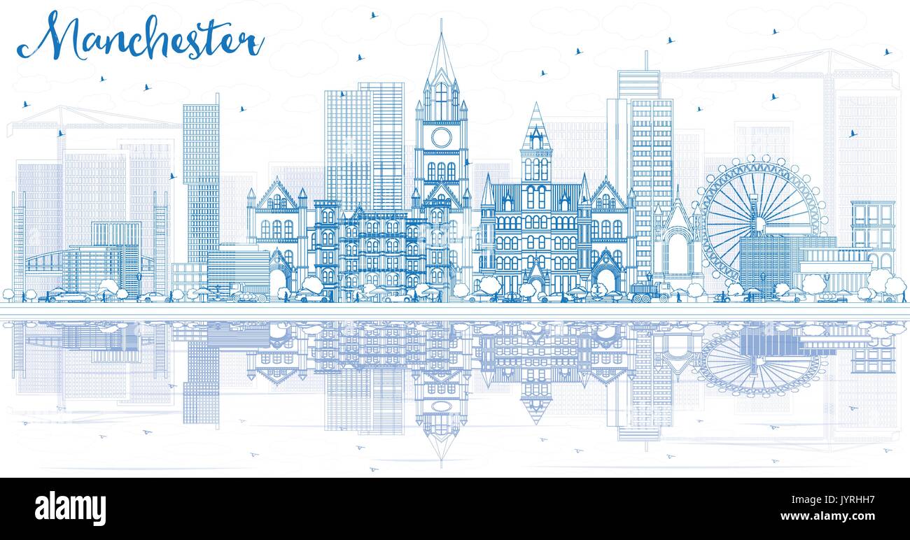 Outline Manchester Skyline with Blue Buildings and Reflections. Vector Illustration. Business Travel and Tourism Concept with Modern Architecture. Stock Vector