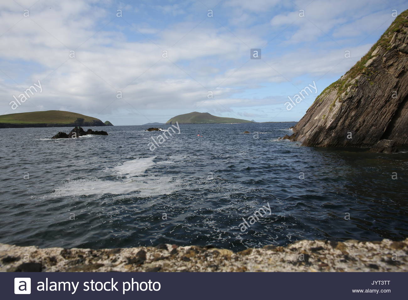 A view of the Great Blasket Island off the West Coast of ireland as senn from Dunquin Pier and looking across the Blasket Sound  stretch of ocean Stock Photo