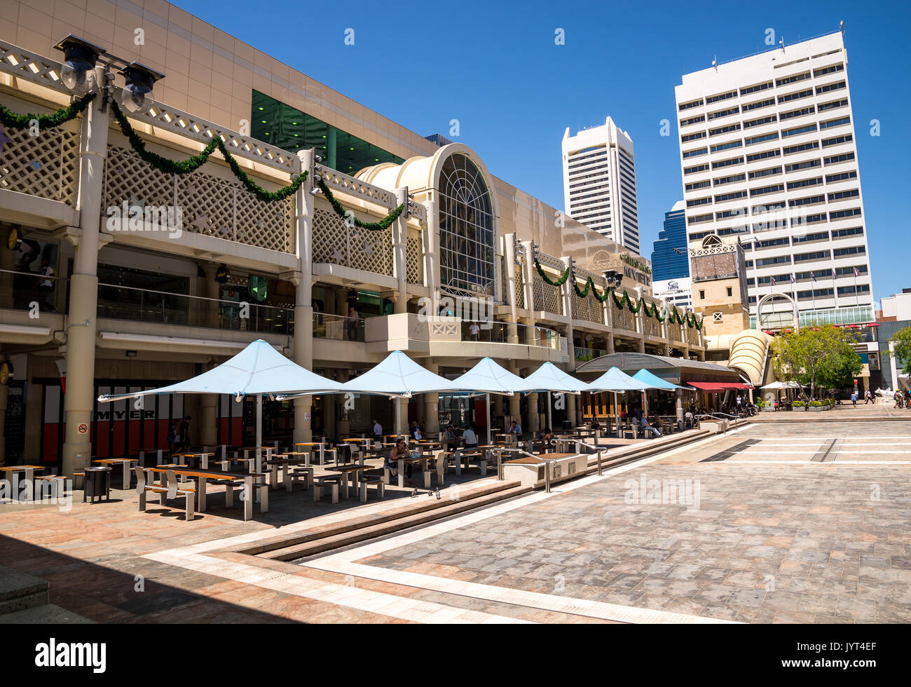 A view of Forrest Place Square, Central Myer Shopping Mall and cafe in
