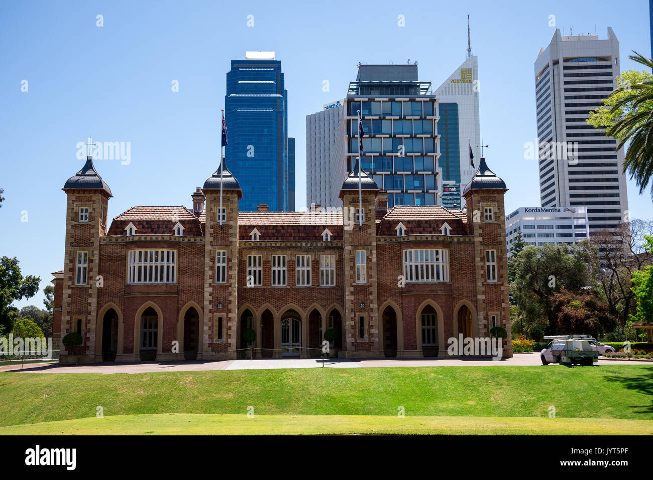 A view of Government House with Perth City Central Business district buildings on background, Western Australia Stock Photo