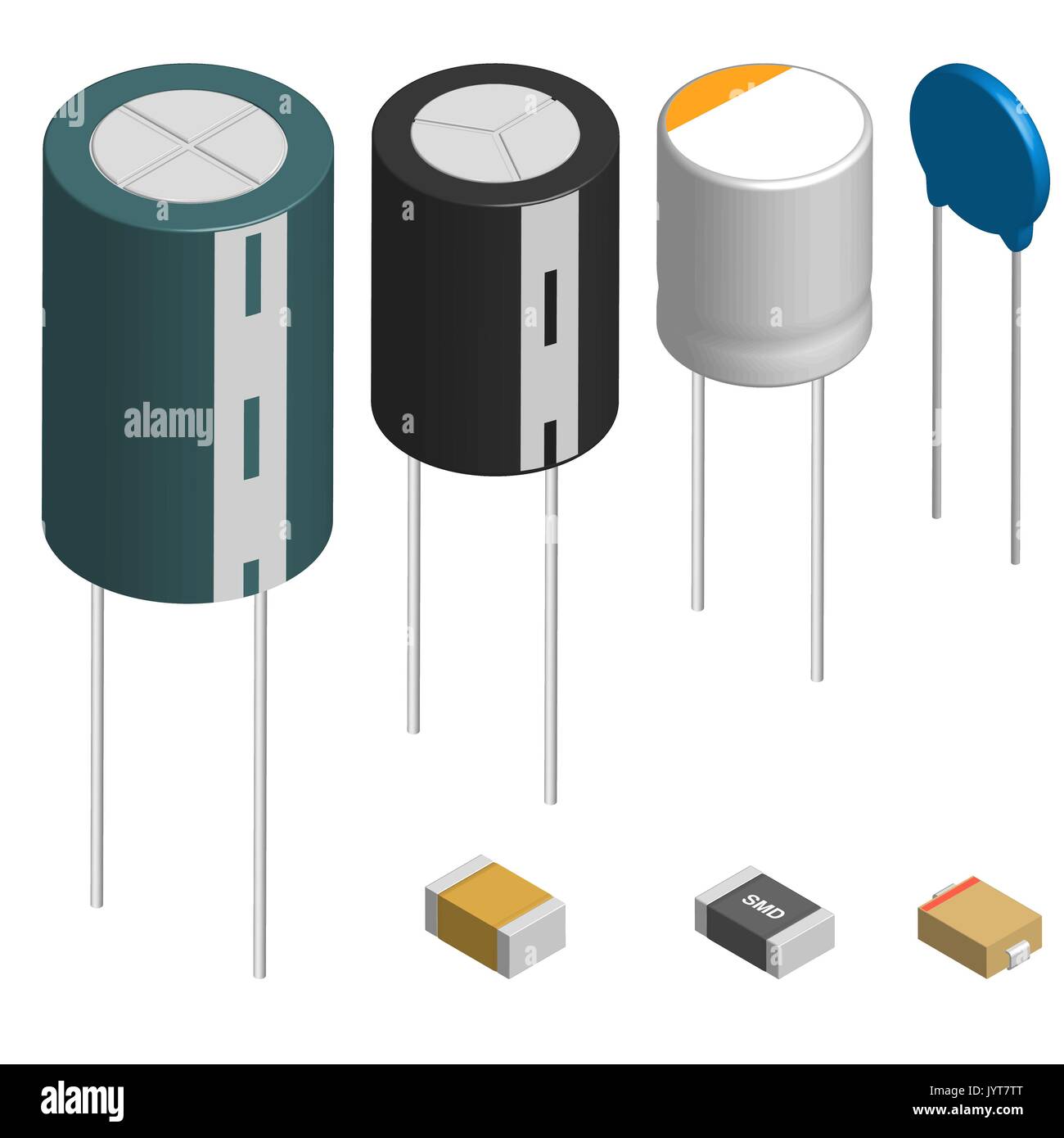 Set of capacitors of different shapes isolated on white background