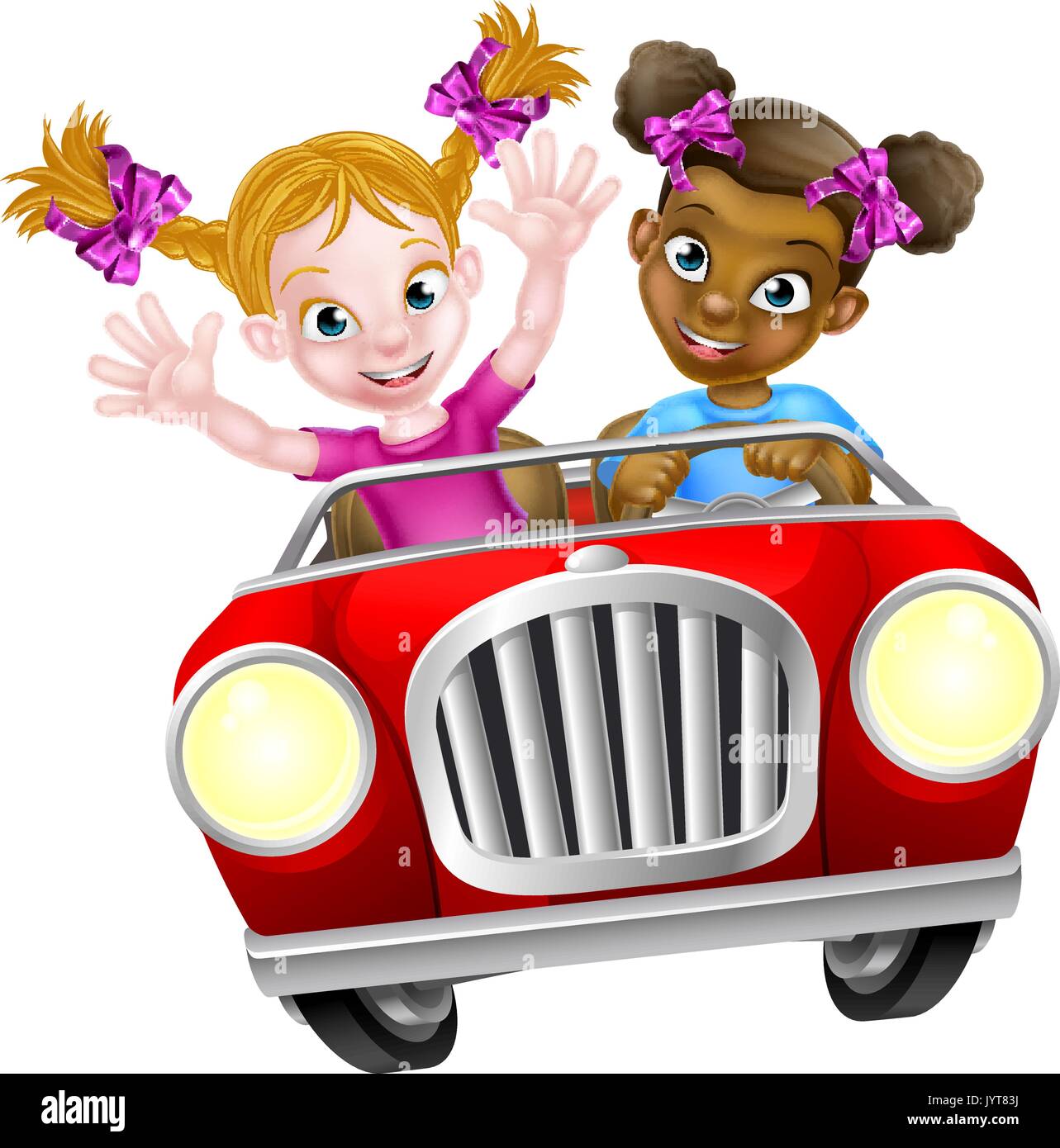 Cartoon Girl Characters Driving Car Stock Vector