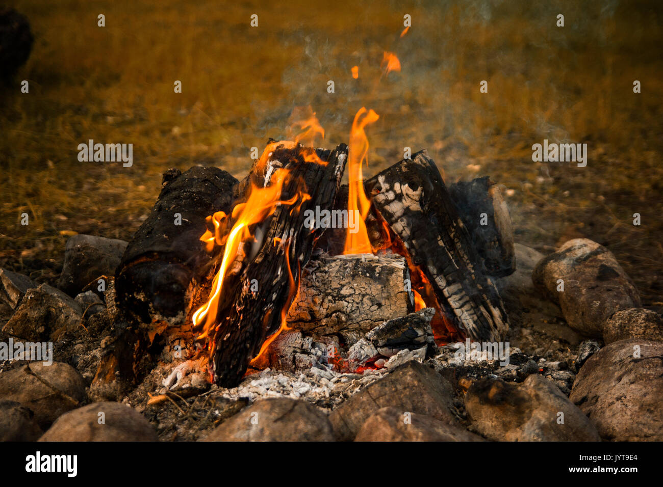 large campfire, bonfire outdoors with burning coals and flames Stock Photo