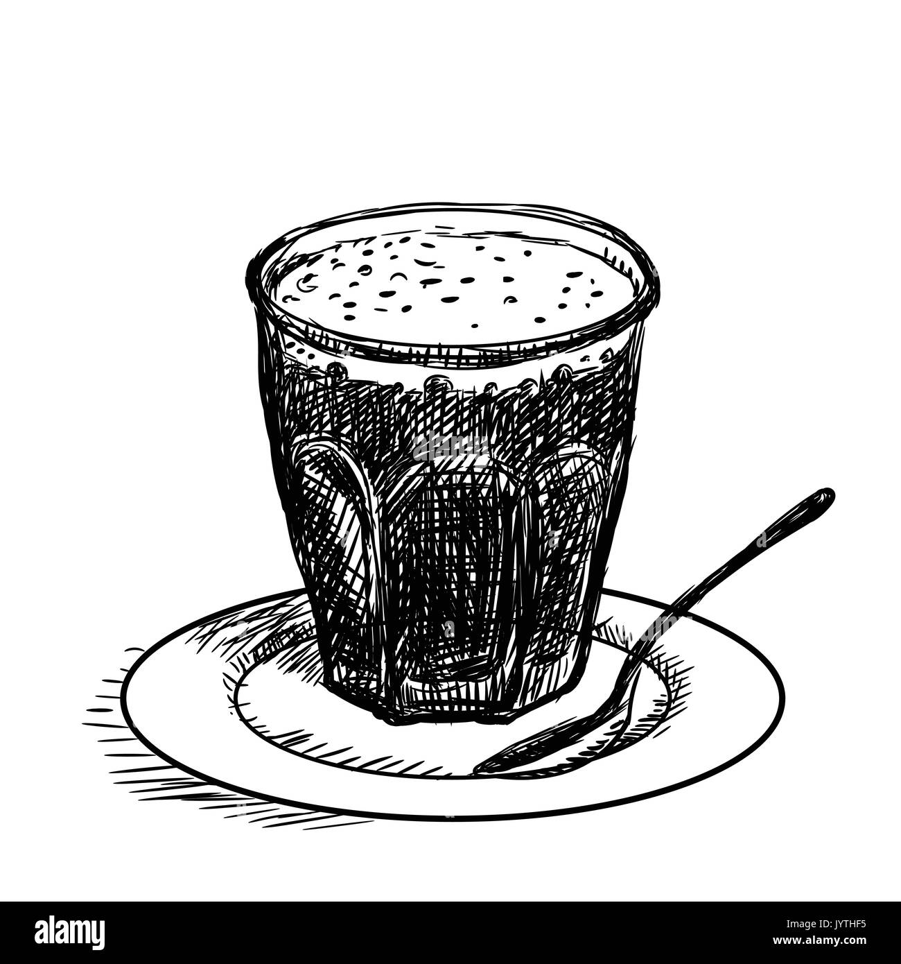 Hand drawn sketch of  cup of coffee, Black and White simple line Vector Illustration for Coloring Book - Line Drawn Vector Stock Vector