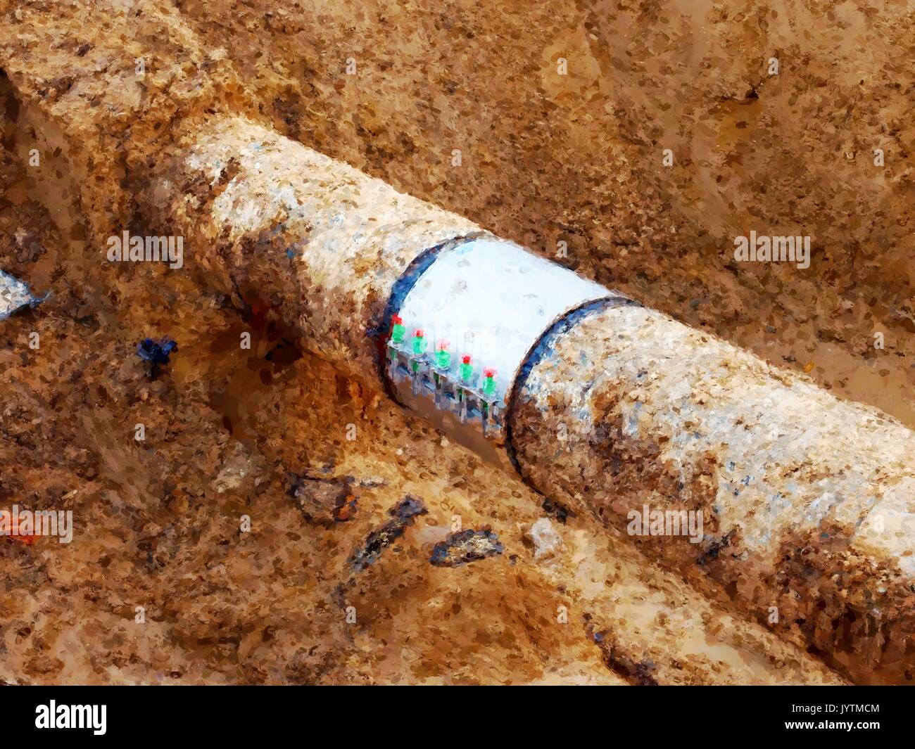 Watercolor paint effect. Excavation pit. Old drink water pipe with