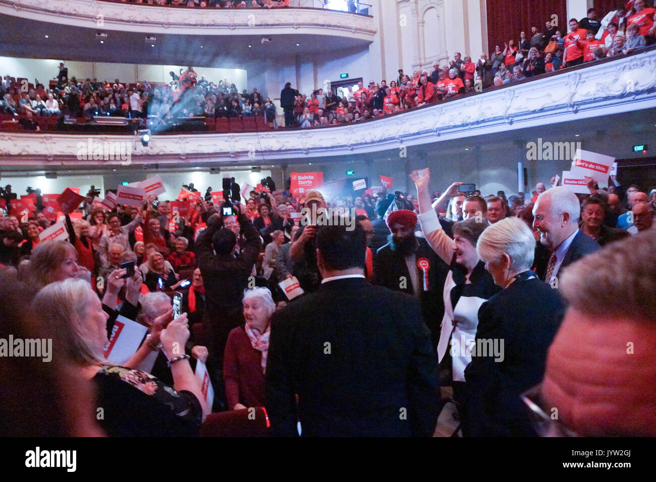 Auckland, New Zealand. 20th Aug, 2017. Former Prime Minister Helen Clark prior is given a standing ovation at the Labour Party's official campaign launch at Auckland Town Hall, New Zealand on Aug 20, 2017. The 2017 New Zealand general election is scheduled to be held on 23 September 2017 . The current government is National Party. Credit: Shirley Kwok/Pacific Press/Alamy Live News Stock Photo