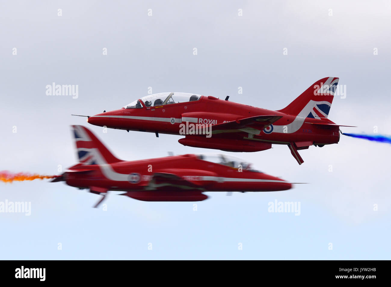 Royal Air Force Red Arrows opposition pass near miss at Biggin Hill Festival of Flight airshow Stock Photo