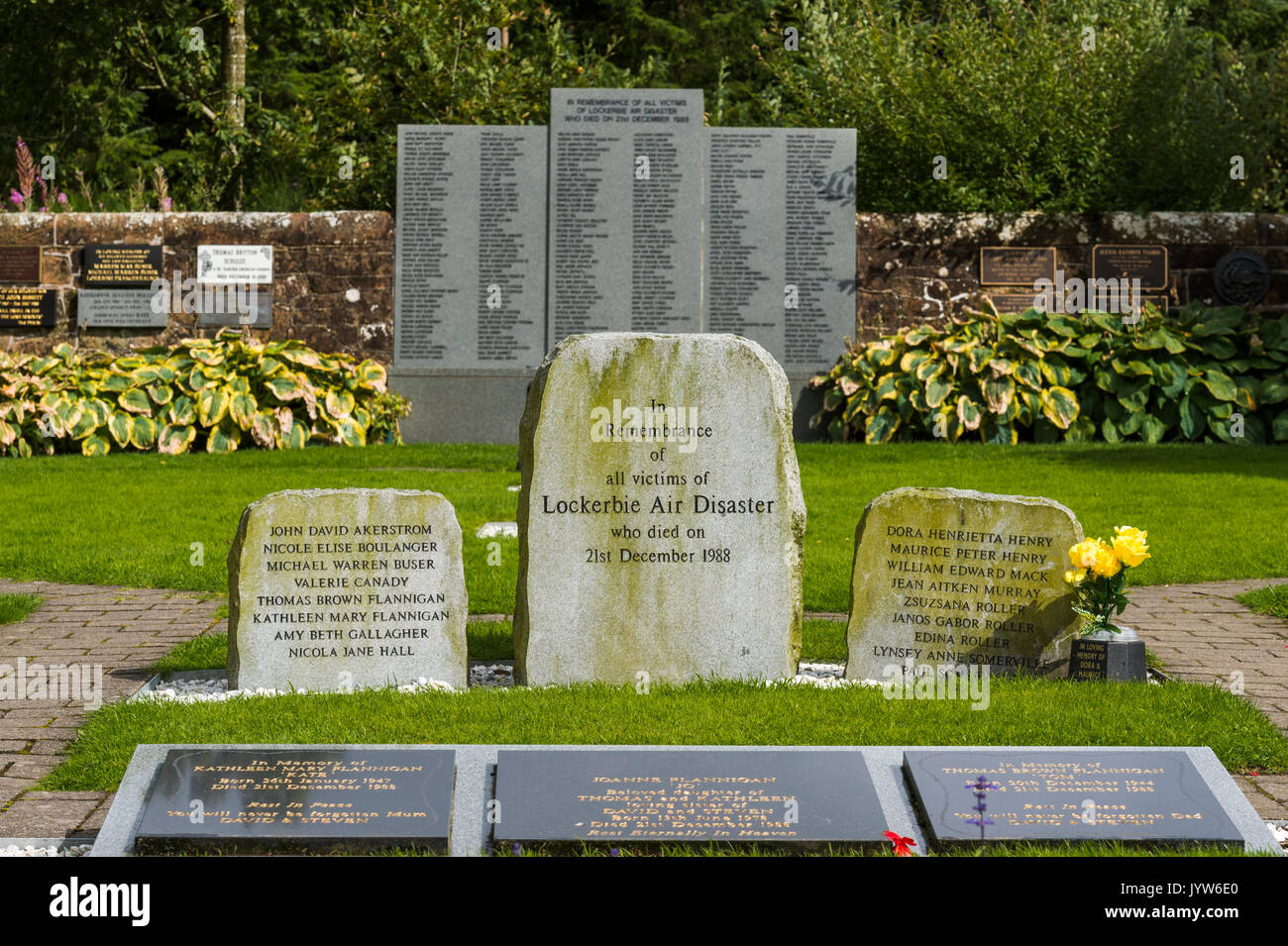 Lockerbie, Scotland, UK - August 19, 2017: The garden of remembrance for the victims of the Lockerbie air disaster in Dryfesdale cemetery, Lockerbie.  Stock Photo