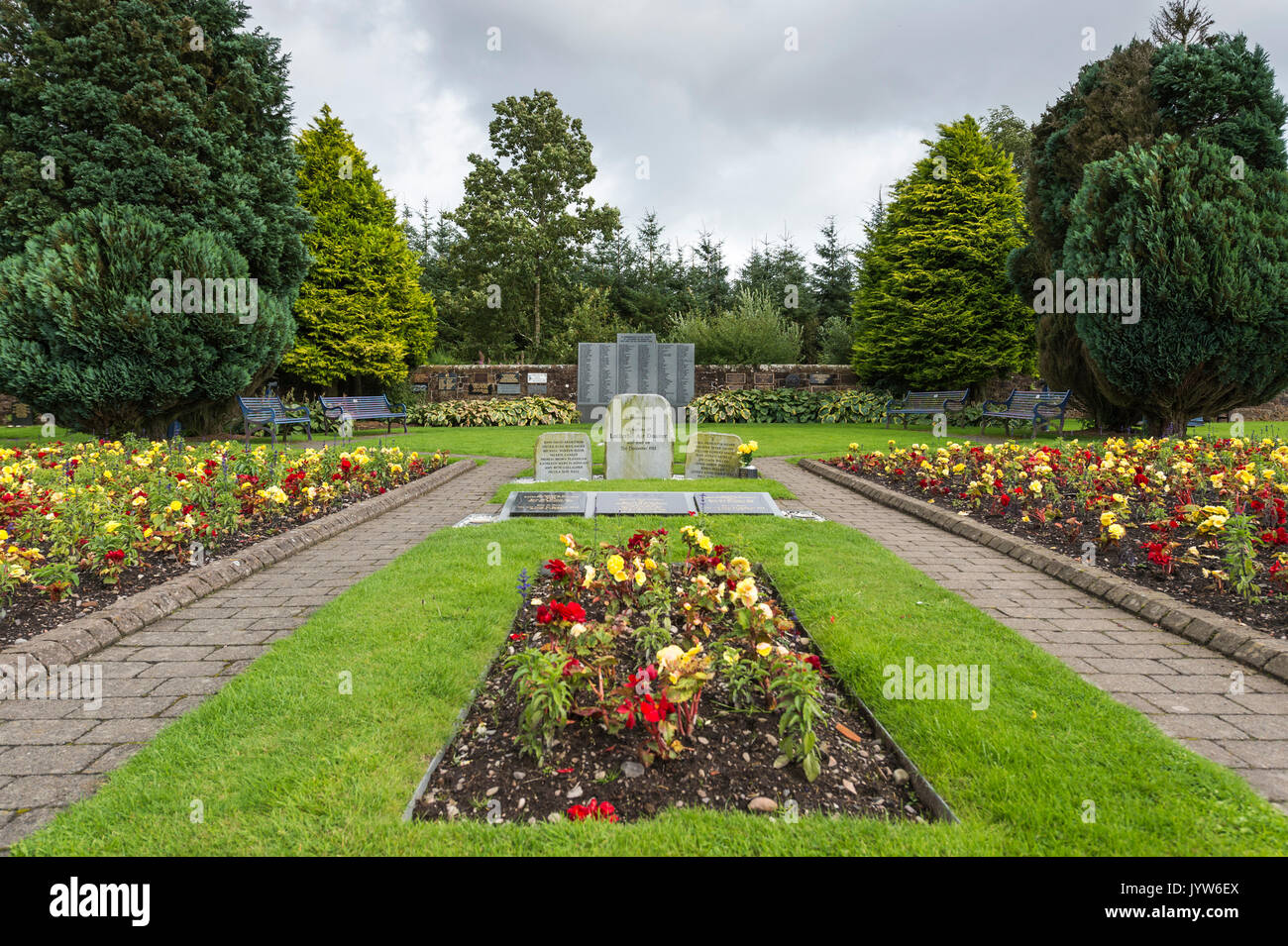 Lockerbie, Scotland, UK - August 19, 2017: The garden of remembrance for the victims of the Lockerbie air disaster in Dryfesdale cemetery, Lockerbie.  Stock Photo