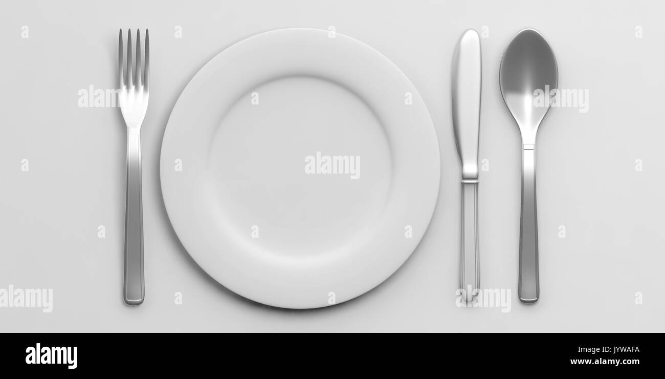 Place Setting with Plate, Knife, Spoon and Fork isolated on white