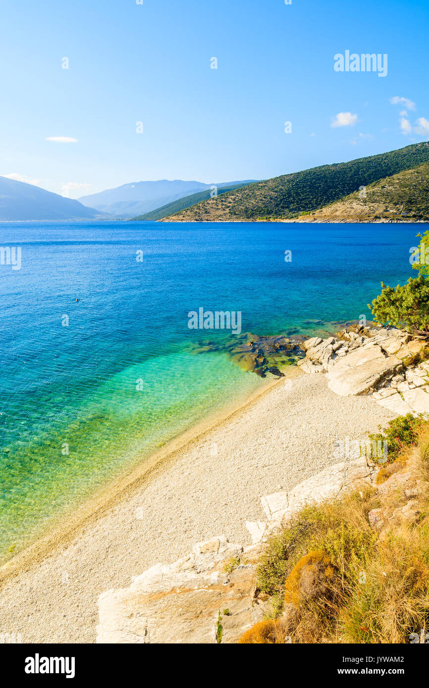 Pebble stone beach in Agia Efimia village, Kefalonia island, Greece Stock Photo