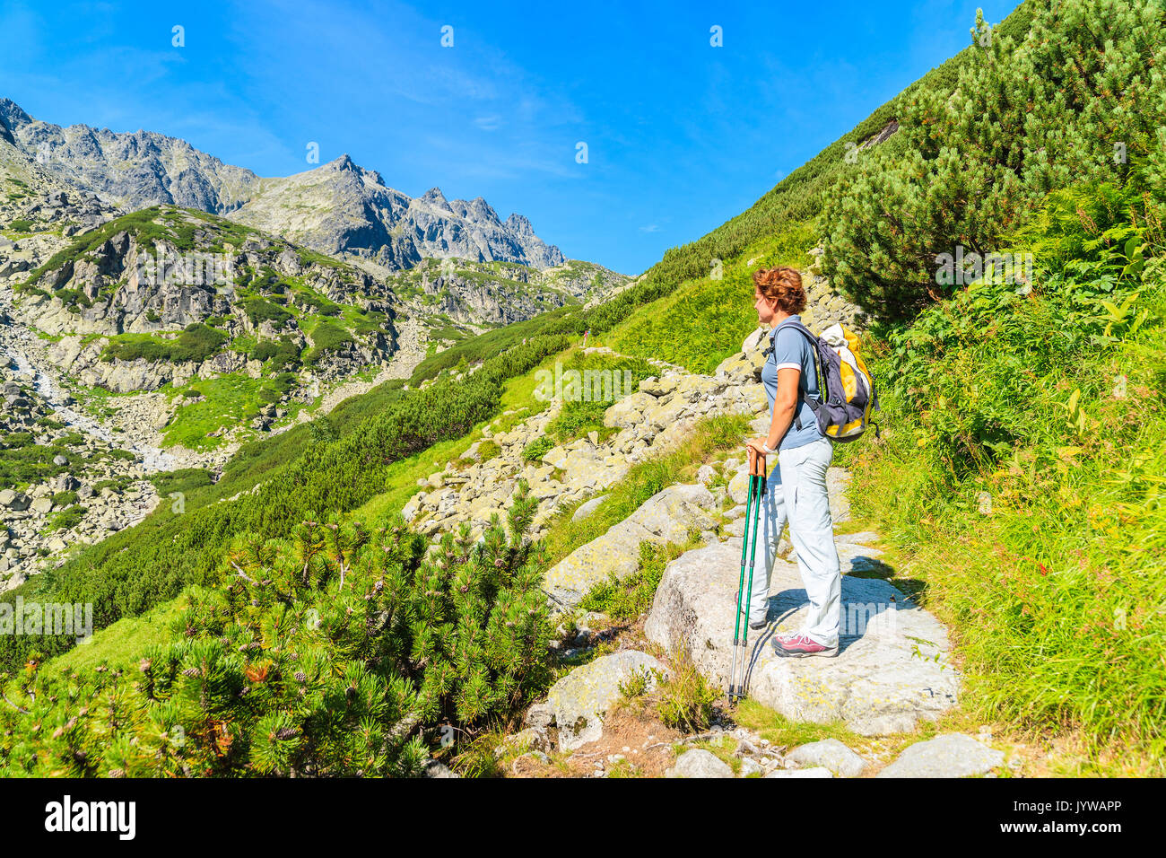 Woman hiking on mountain trail hi-res stock photography and images - Alamy