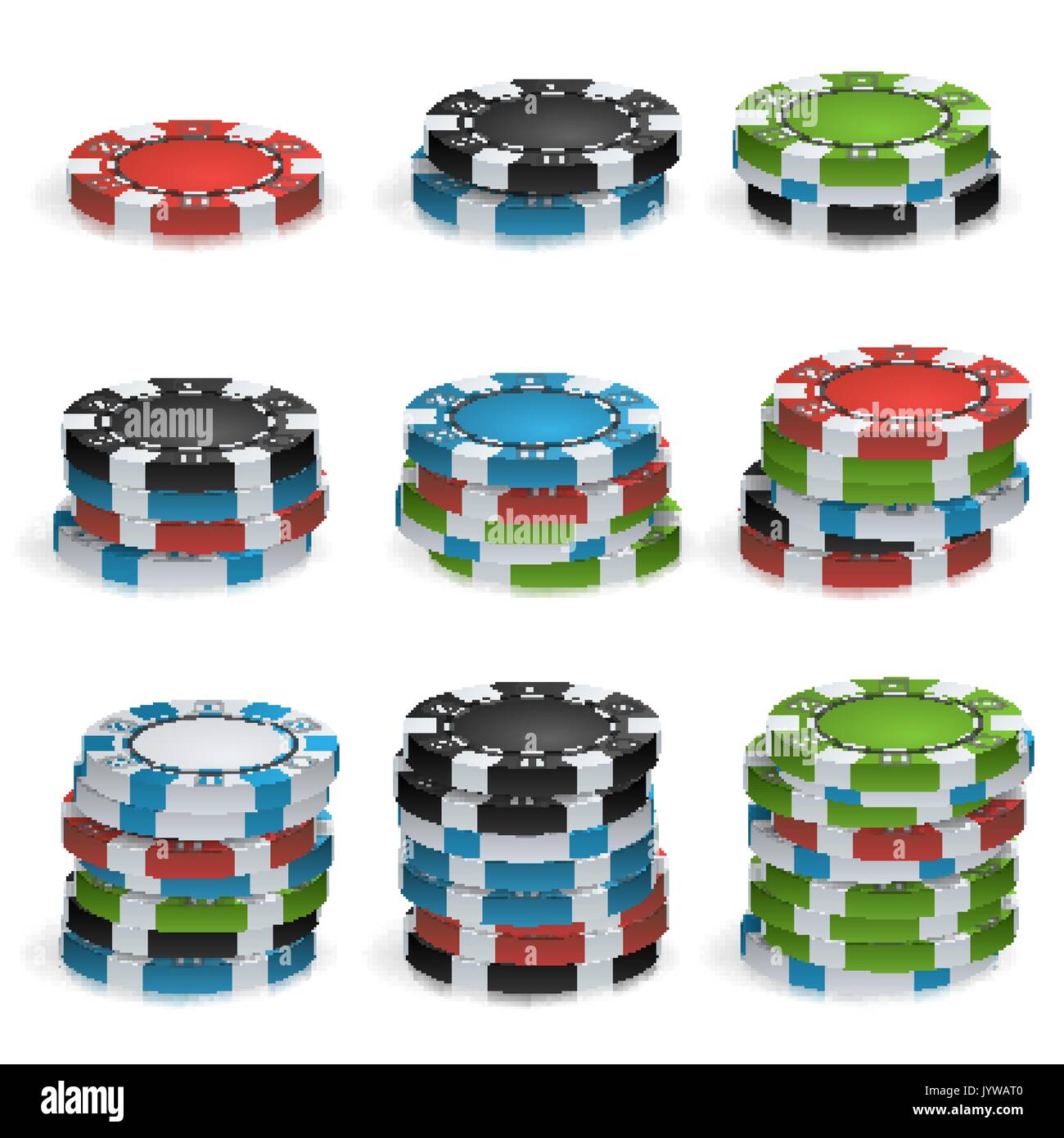 Gambling Chips Stacks Vector. 3D Realistic. Poker Game Chips Isolated