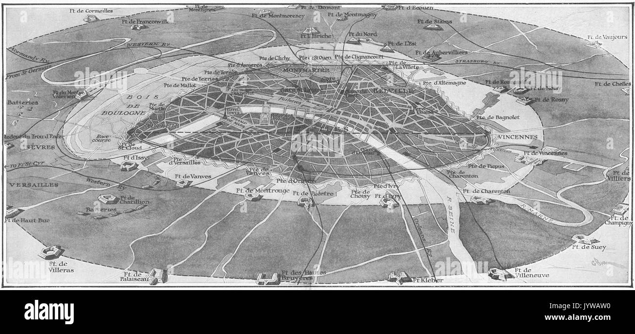 Map of the ring of forts around Paris, WW1 Stock Photo