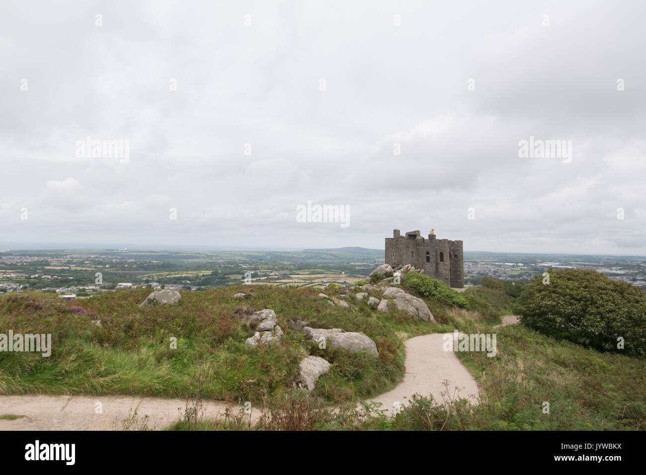 The view from the top of Carn Brea in Redruth, looking out over Cornwalls mining areas. Stock Photo