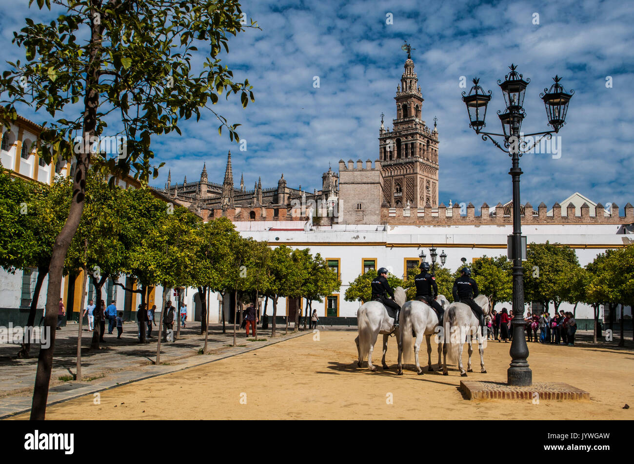 Spain: police officers on horseback on the sand in the Courtyard of the Flags, in the Jewish quarter of Seville, with view of the Giralda bell tower Stock Photo