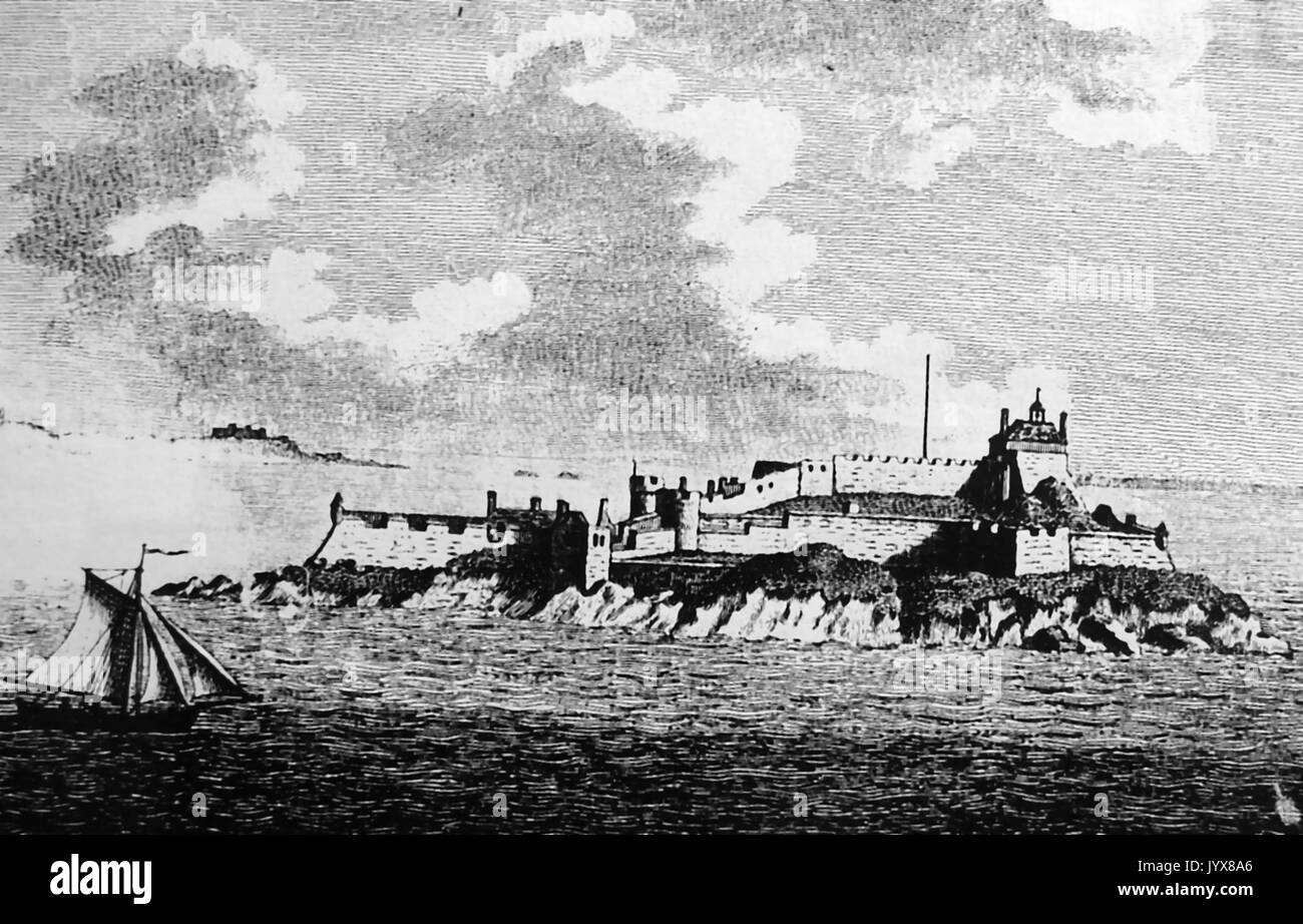 A 1777 engraving depicting Castle Cornet, Guernsey, Channel Islands UK Stock Photo