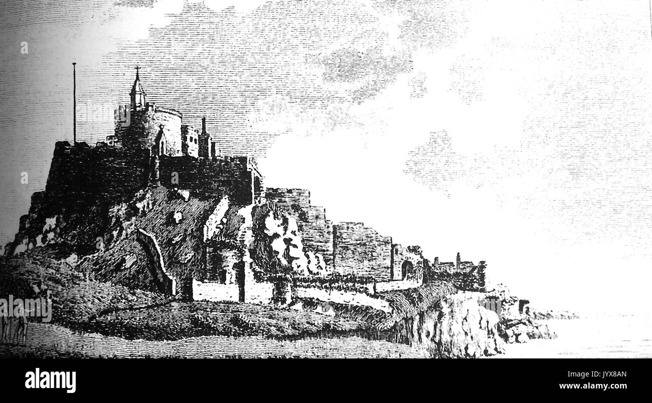 A 1777 engraving showing Mount Orquiel (Mont  Orguiel) Castle.(aka Gorey Castle) Jersey, Channel Isles, UK Stock Photo