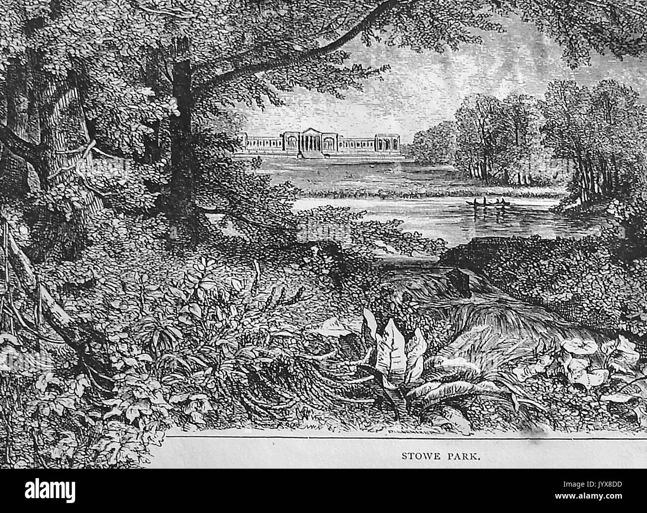 An early engraving showing a distant view of Stowe House & Stowe park lake Stock Photo