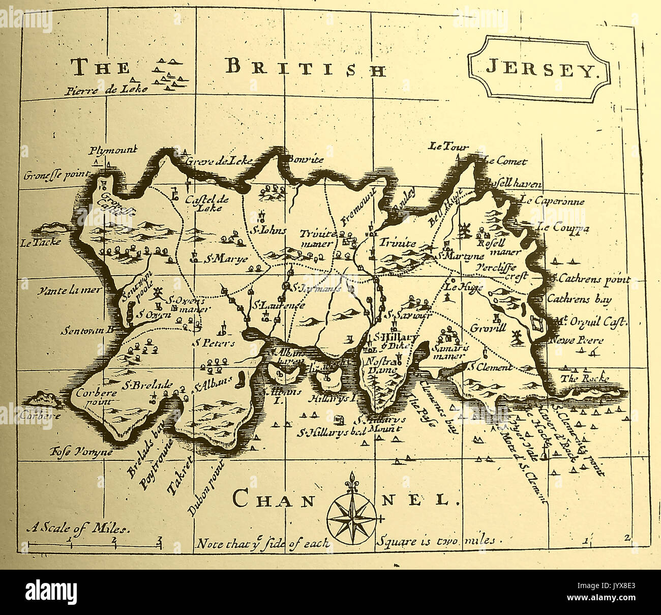 A 1778 map of Jersey, Channel Islands. UK Stock Photo