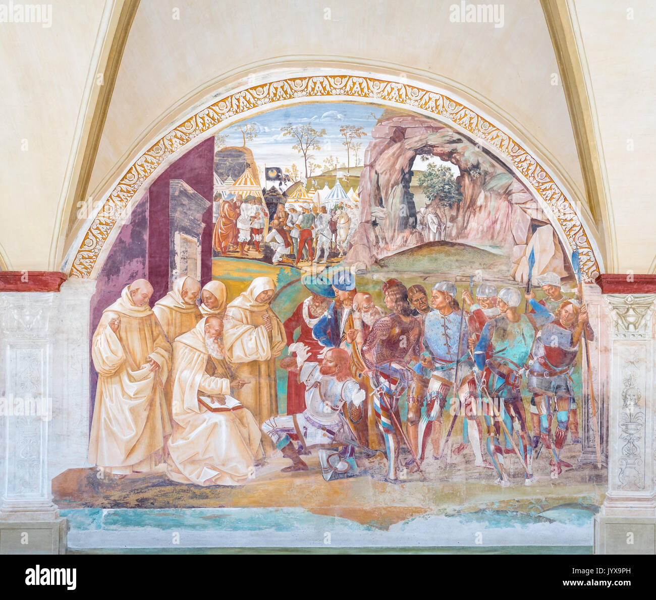 Fresco by Luca Signorelli, Benedict discovers Totila's deceit, The Abbey of Monte Oliveto Maggiore, Tuscany, Italy Stock Photo