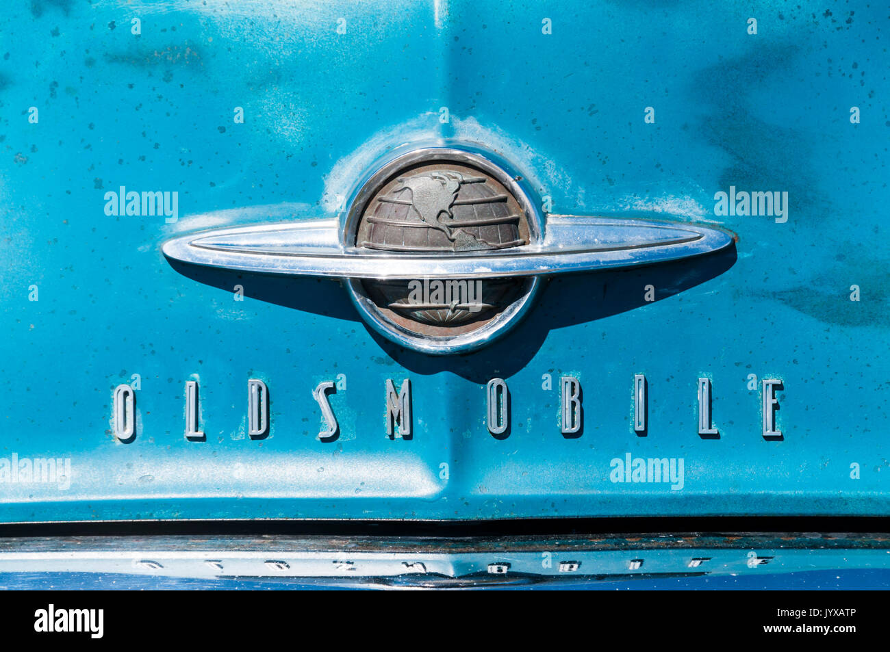 Name on the front of an Oldsmobile 88 Futuramic car. Stock Photo
