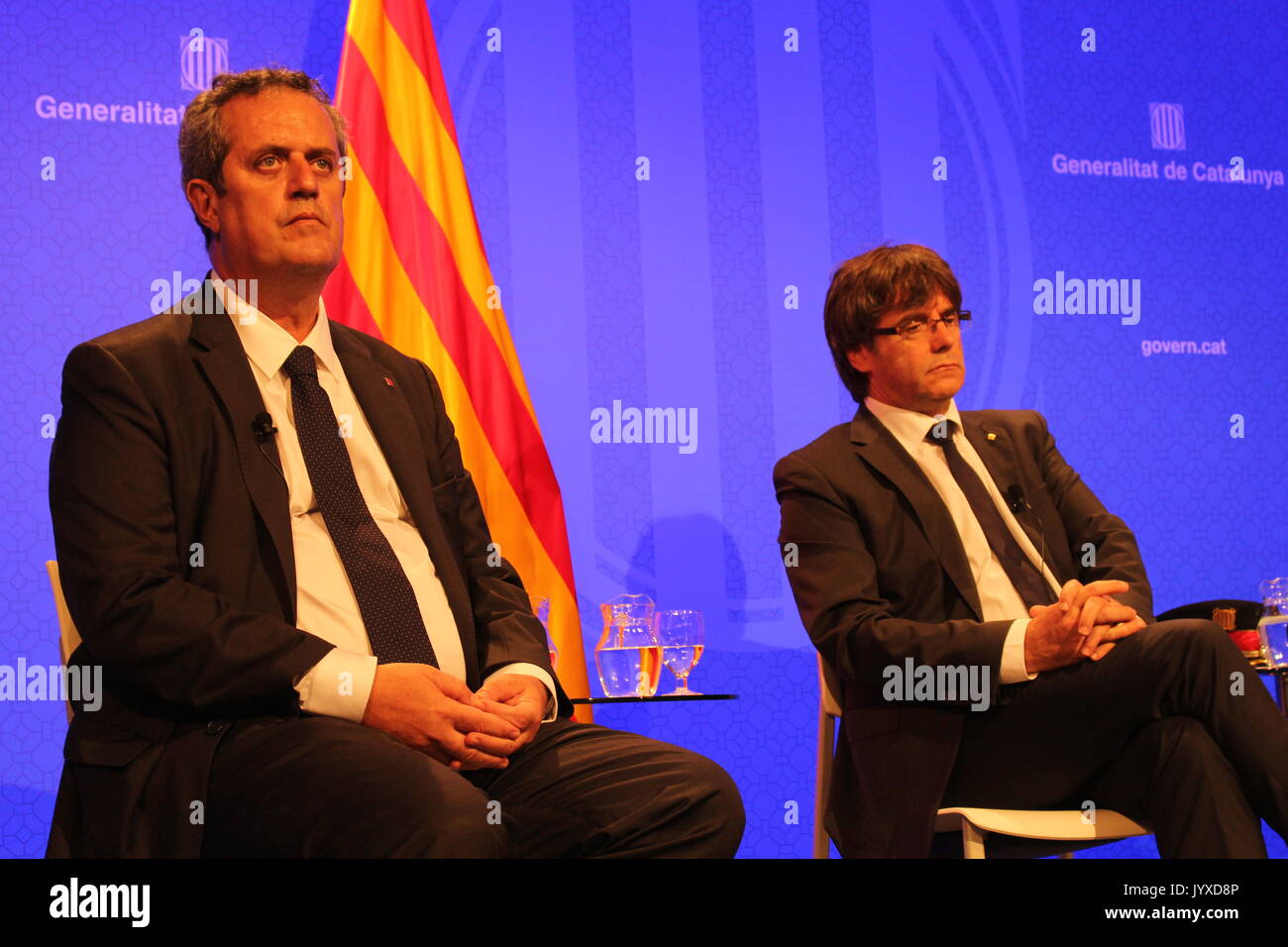 Barcelona, Spain. 20th Aug, 2017. President of the goverment of Catalonia Carles Puigdemont, catalan minister of interior affairs Joaquim Forn and major of the catalan police Josep Lluis Trapero giving details of the terroristic attack on Ramblas during a conference with foreign press at Palau de la Generalitat Credit: Dino Geromella/Alamy Live News Stock Photo