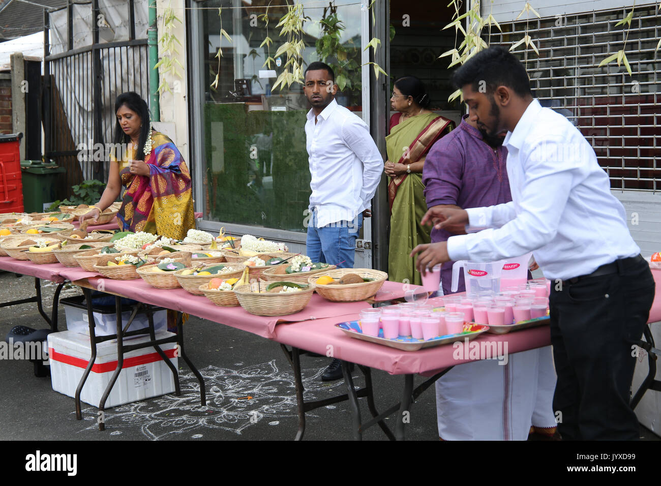 London, UK. 20th Aug, 2017. Street vendors setting up business opposite the London Sri Murgan Temple where large crowds congregated to celebrate the Chariot Festival Credit: Paul Quezada-Neiman/Alamy Live News Stock Photo