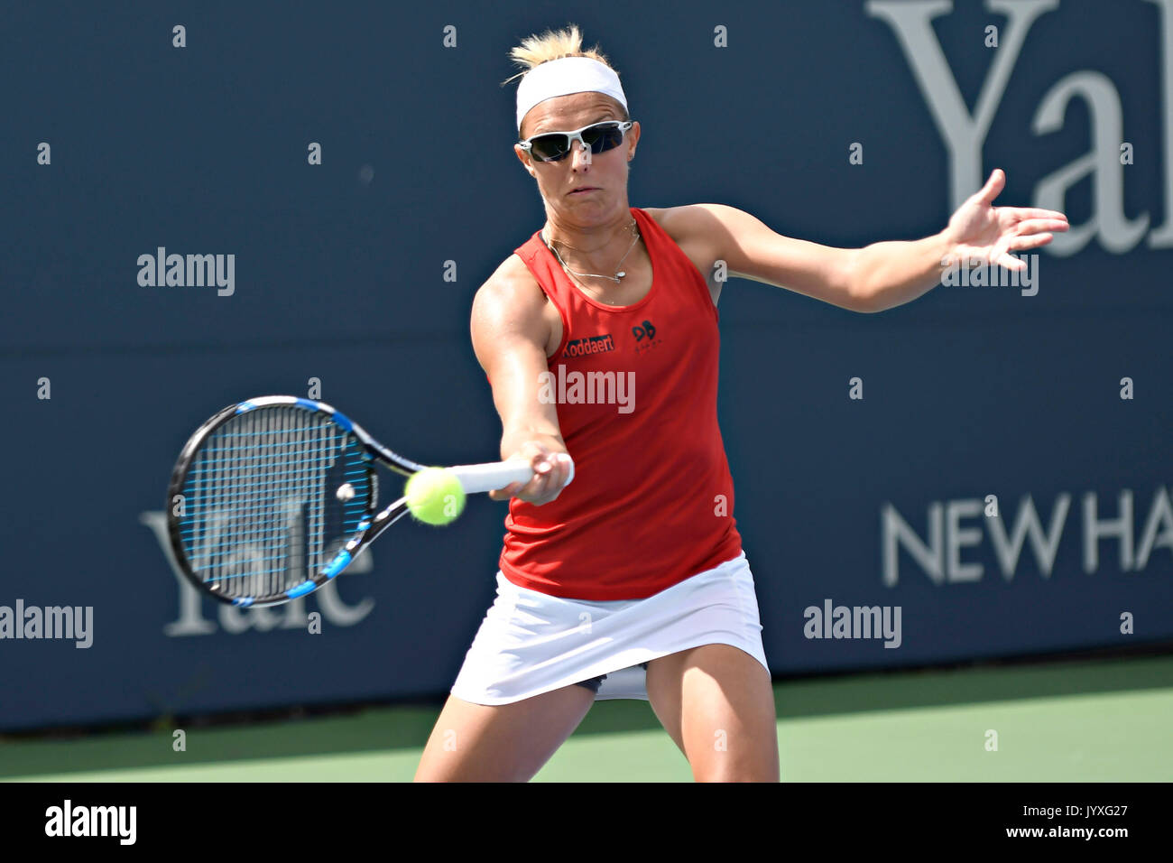 August 20, 2017: Kirsten Flipkens (BEL) hits a forehand vs. Magdalena Rybarikova (SVK) during their second round, qualifying match at the 2017 Connecticut Open. The match was won by Flipkins 6-3, 6-4. Ron Waite/CSM Stock Photo