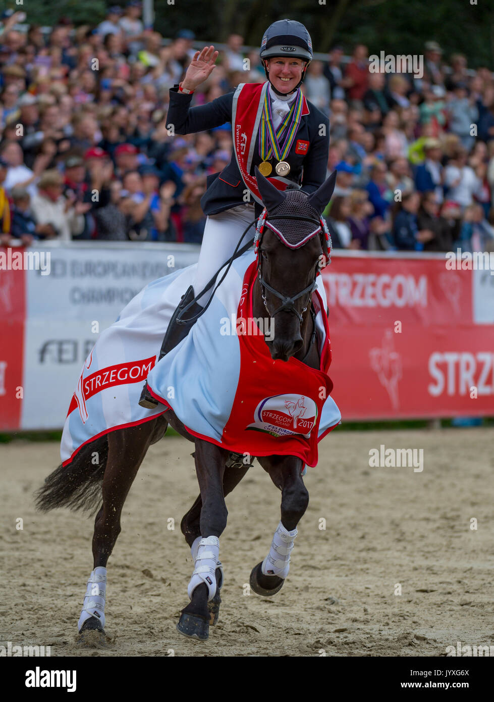 FEI EUROPEAN EVENTING CHAMPIONSHIPS, STRZEGOM, LOWER SILESIA , POLAND, 20TH AUGUST 2017. NICOLA WILSON SHOWN HERE ON HER LAP OF HONOUR WINS AN INDIVIDUAL BRONZE MEDAL AND A TEAM GOLD MEDAL . ©TREVOR HOLT / ALAMY LIVE NEWS.  ALAMY LIVE NEWS. Stock Photo