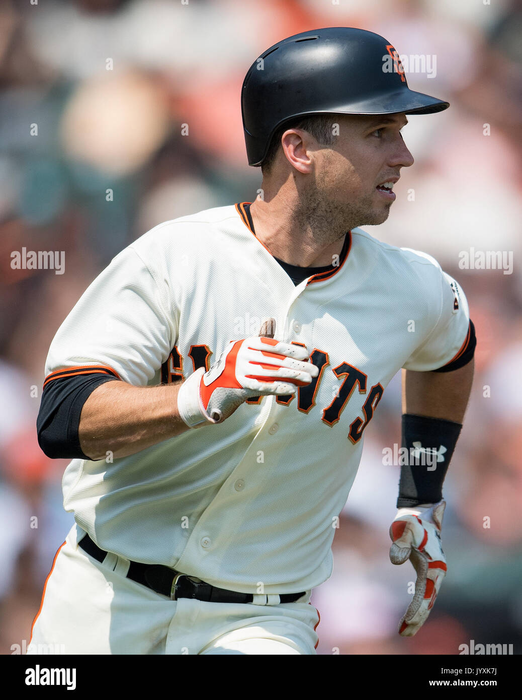 San Francisco, USA. 20th Aug, 2017. San Francisco Giants catcher Buster Posey (28) heading for first base, during a MLB game between the Philadelphia Phillies and the San Francisco Giants at AT&T Park in San Francisco, California. Credit: Cal Sport Media/Alamy Live News Stock Photo