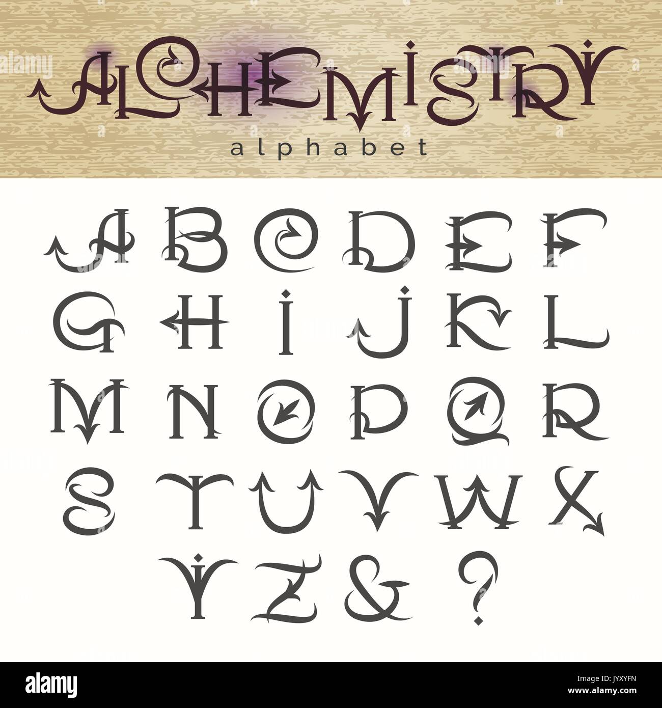 Hand drawn alphabet in medieval alchemy style. Vector illustration Stock Vector