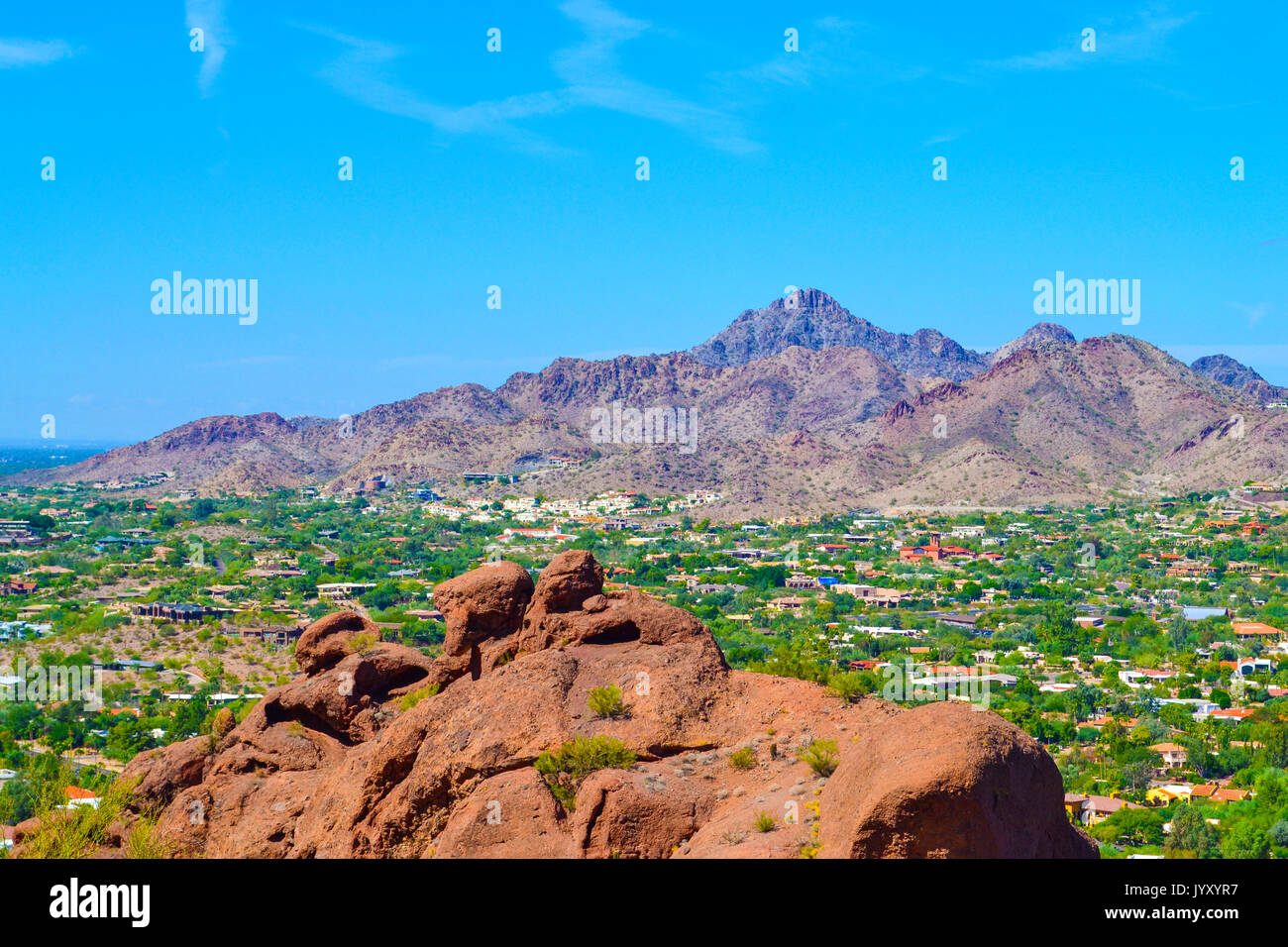 View looking north towards Piestewa Peak Camelback Mountain in Scottsdale, Arizona USA Stock Photo