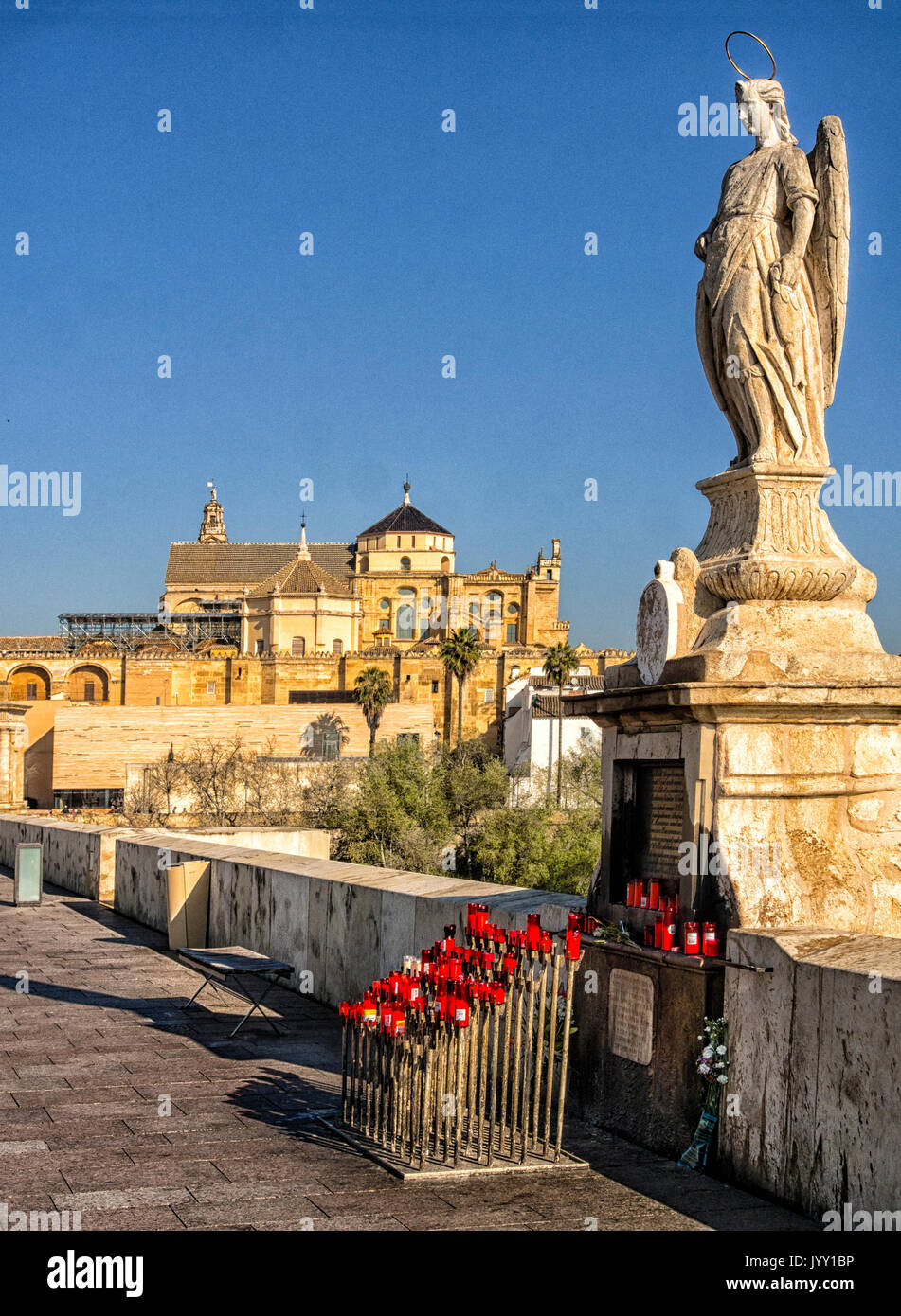 CORDOBA, SPAIN Statue of Saint Raphael in the middle of the Roman