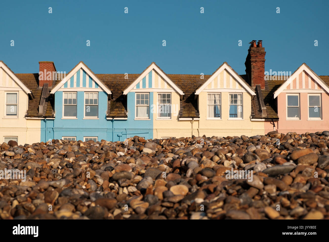 Colourful houses on the sea front at Aldeburgh, Suffolk Stock Photo