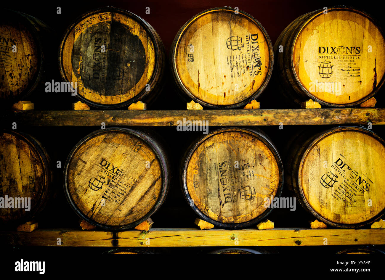 Oak wood aging Barrels in Distillery. Dixons Distilled Spirits Guelph Ontario Canada Stock Photo