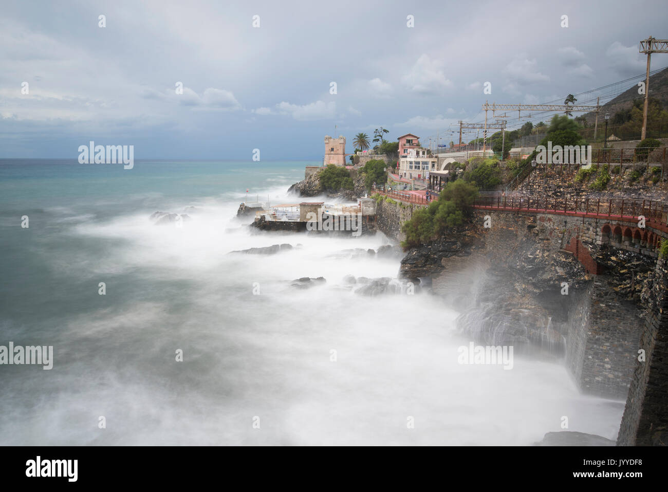 Daylight long exposure of seastorm in Genoa Nervi, Liguria, Italy Stock Photo