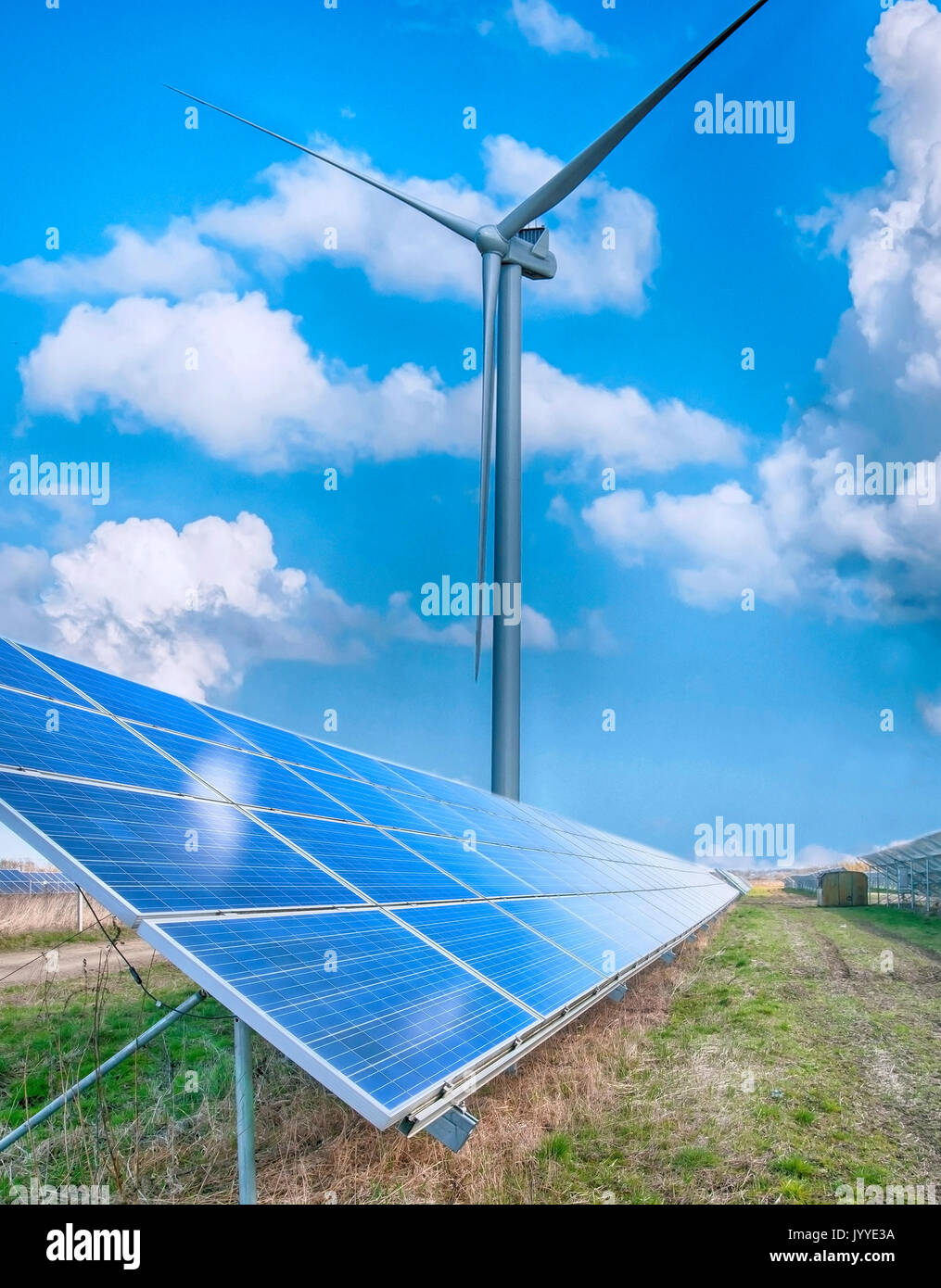 solar energy panels and wind turbine Stock Photo