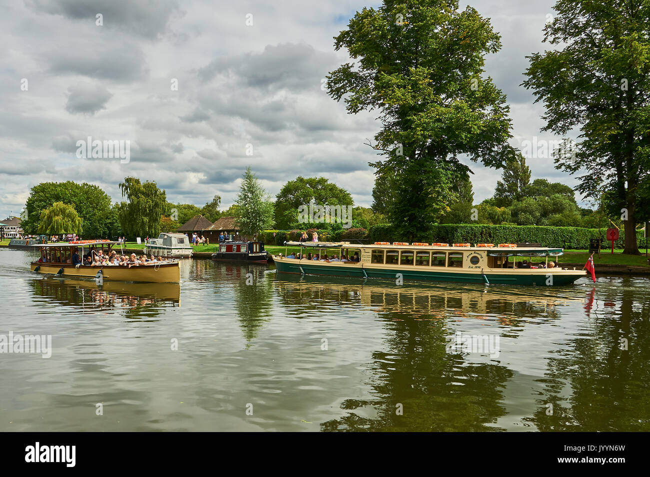 Stratford upon Avon and tourist boats on the River Avon. Stock Photo
