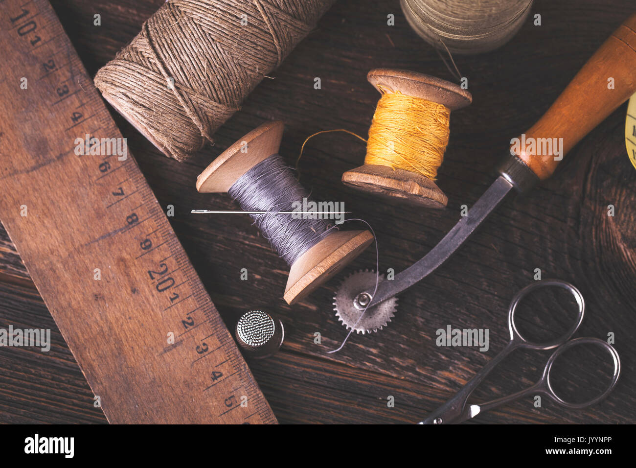 Sewing instruments, threads, needles, bobbins and materials. Studio ...