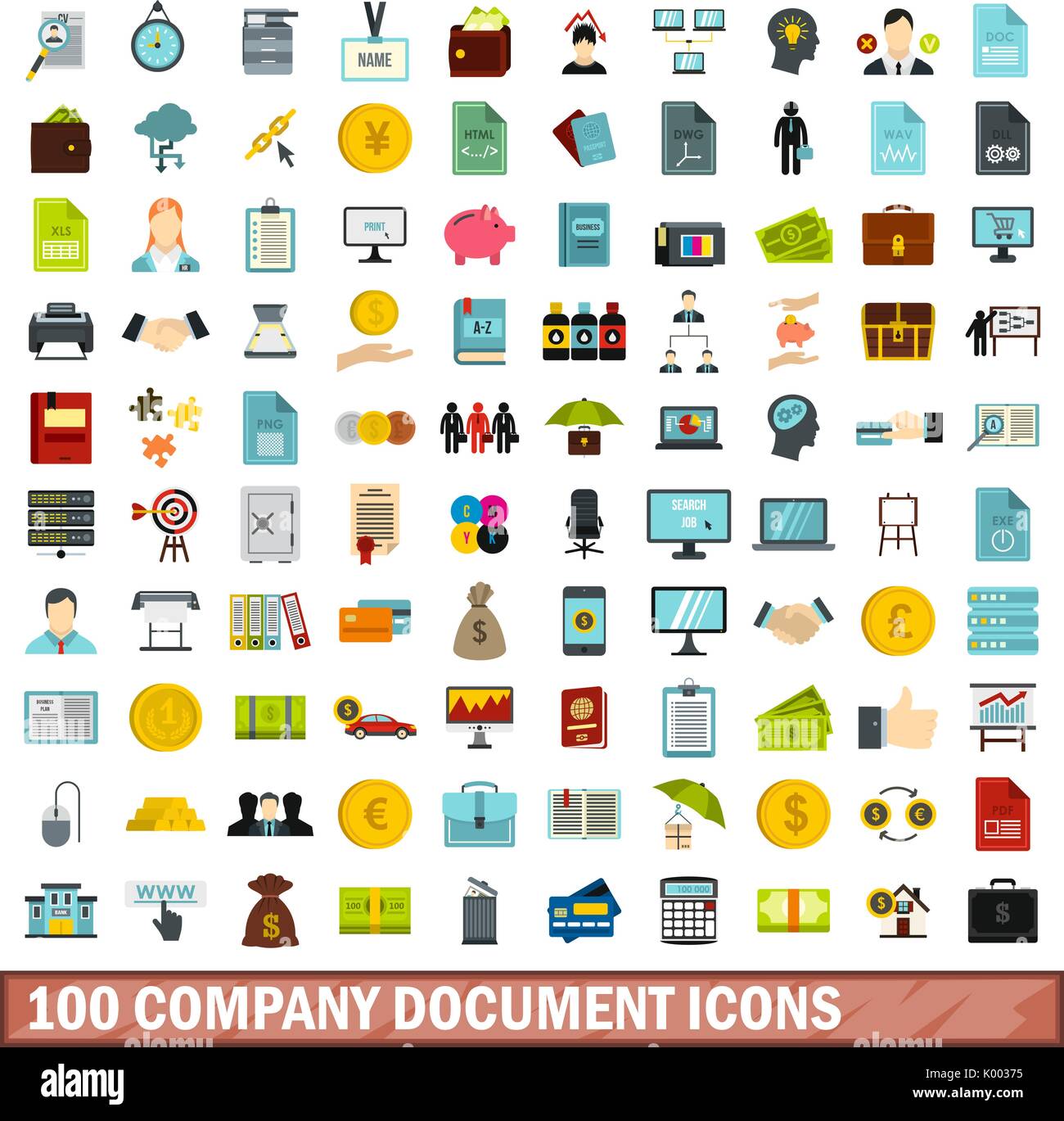 100 company document icons set, flat style Stock Vector