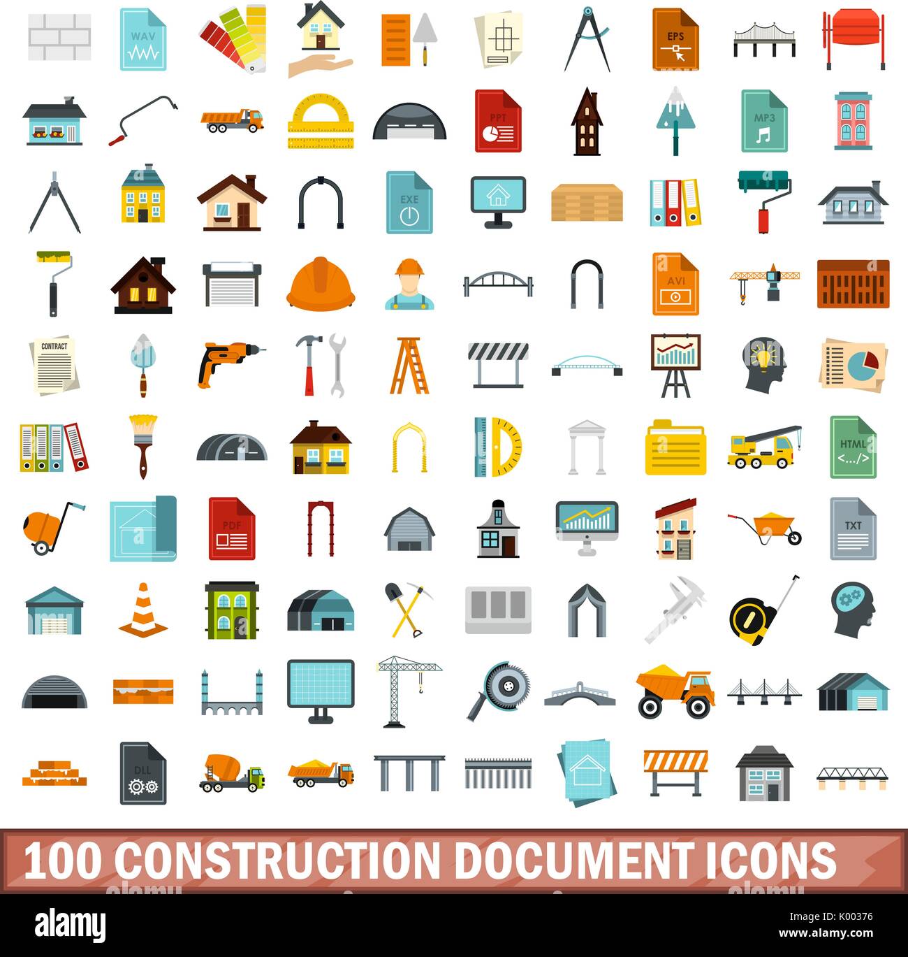 100 construction document icons set, flat style Stock Vector Image ...