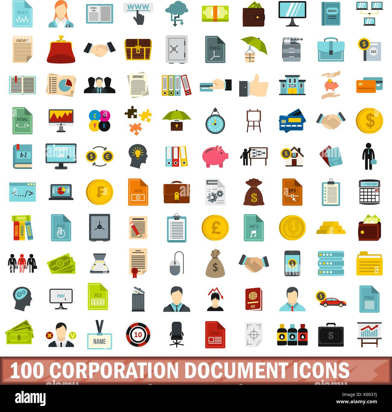 100 corporation document icons set, flat style Stock Vector