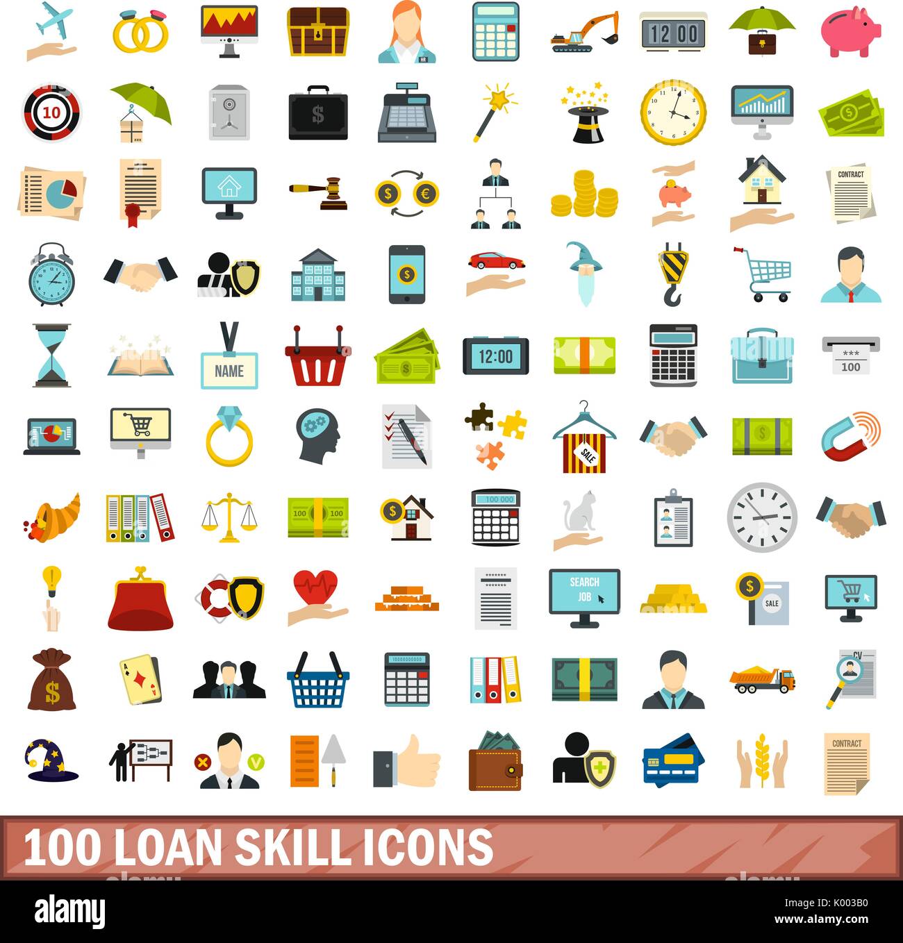 100 loan skill icons set, flat style Stock Vector