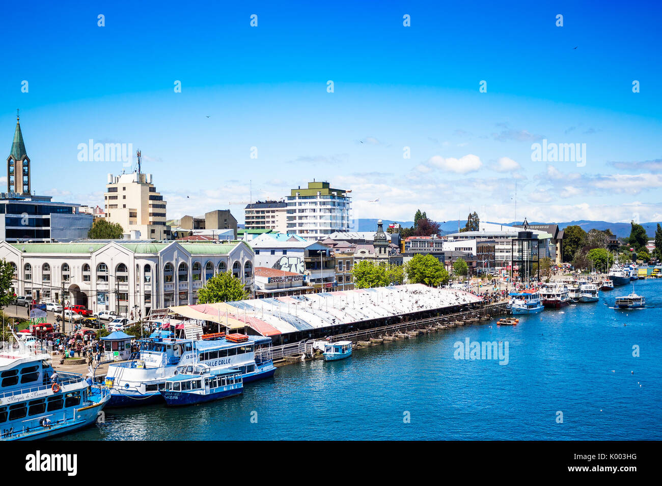 VALDIVIA, CHILE - OCTOBER 30, 2016: View of the fish market in Valdivia. This is one of the main touristic attraction of the town. Stock Photo