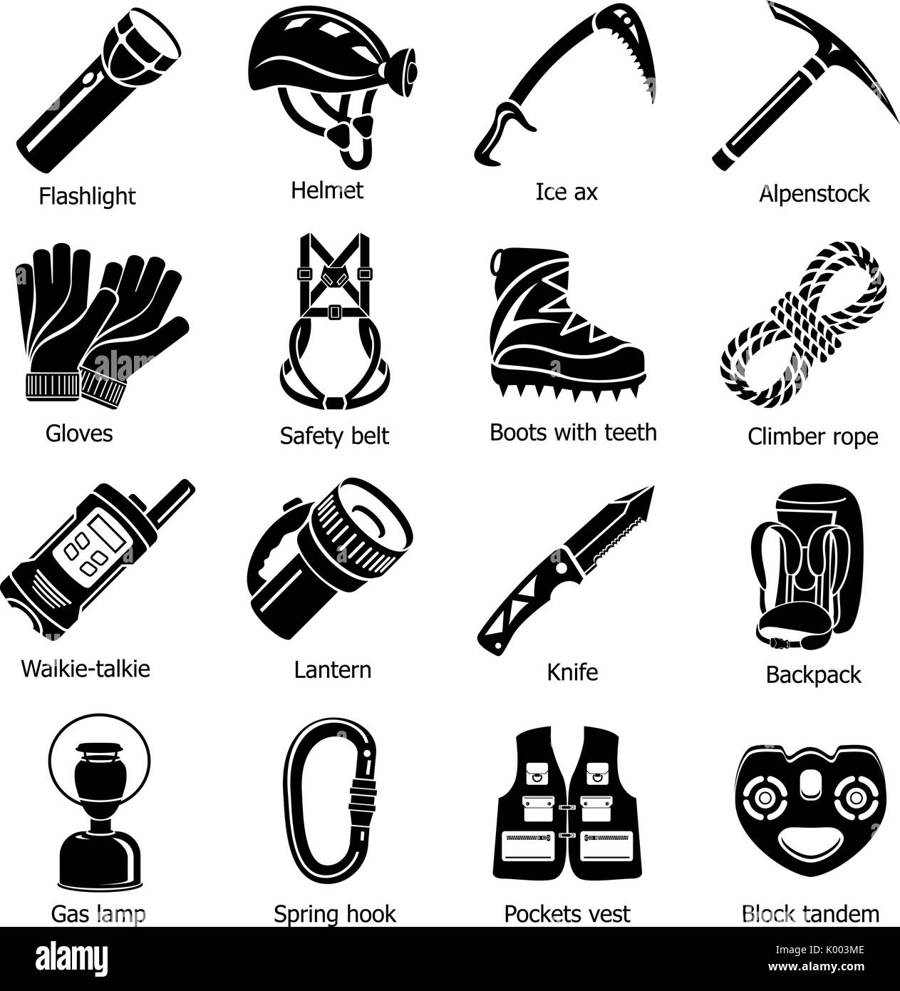 Speleology equipment icons set, simple style Stock Vector